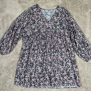 Old Navy Dress Womens XL Gray Pink Floral Long Sleeve Peasant Babydoll Swing